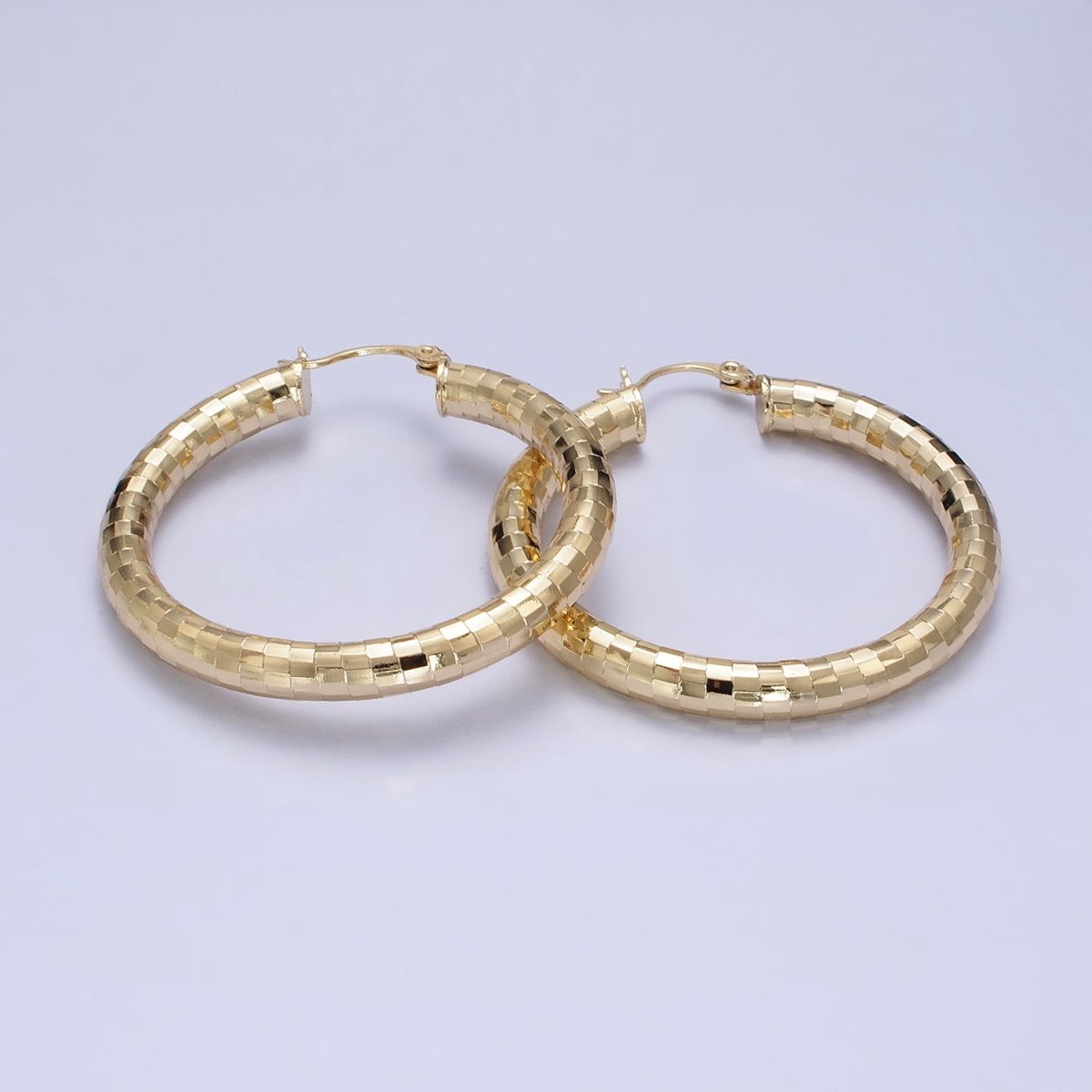14K Gold Filled 35mm, 45mm, 55mm Line Textured Geometric Hoop French Lock Latch Earrings | AE-004 AE-005 AE-048