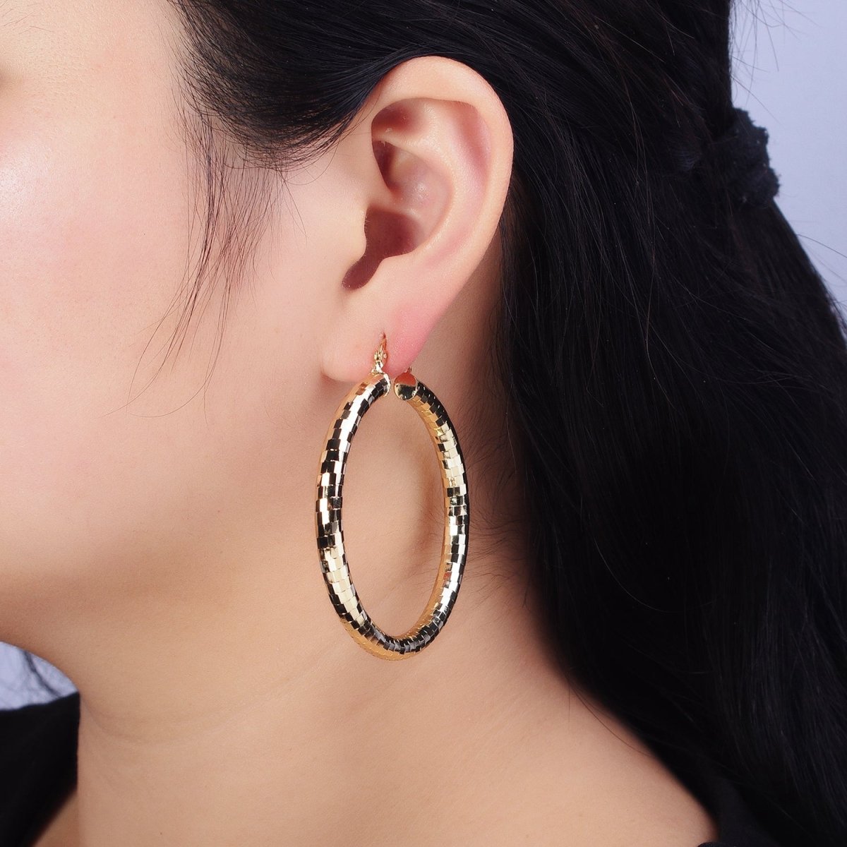 14K Gold Filled 35mm, 45mm, 55mm Line Textured Geometric Hoop French Lock Latch Earrings | AE-004 AE-005 AE-048