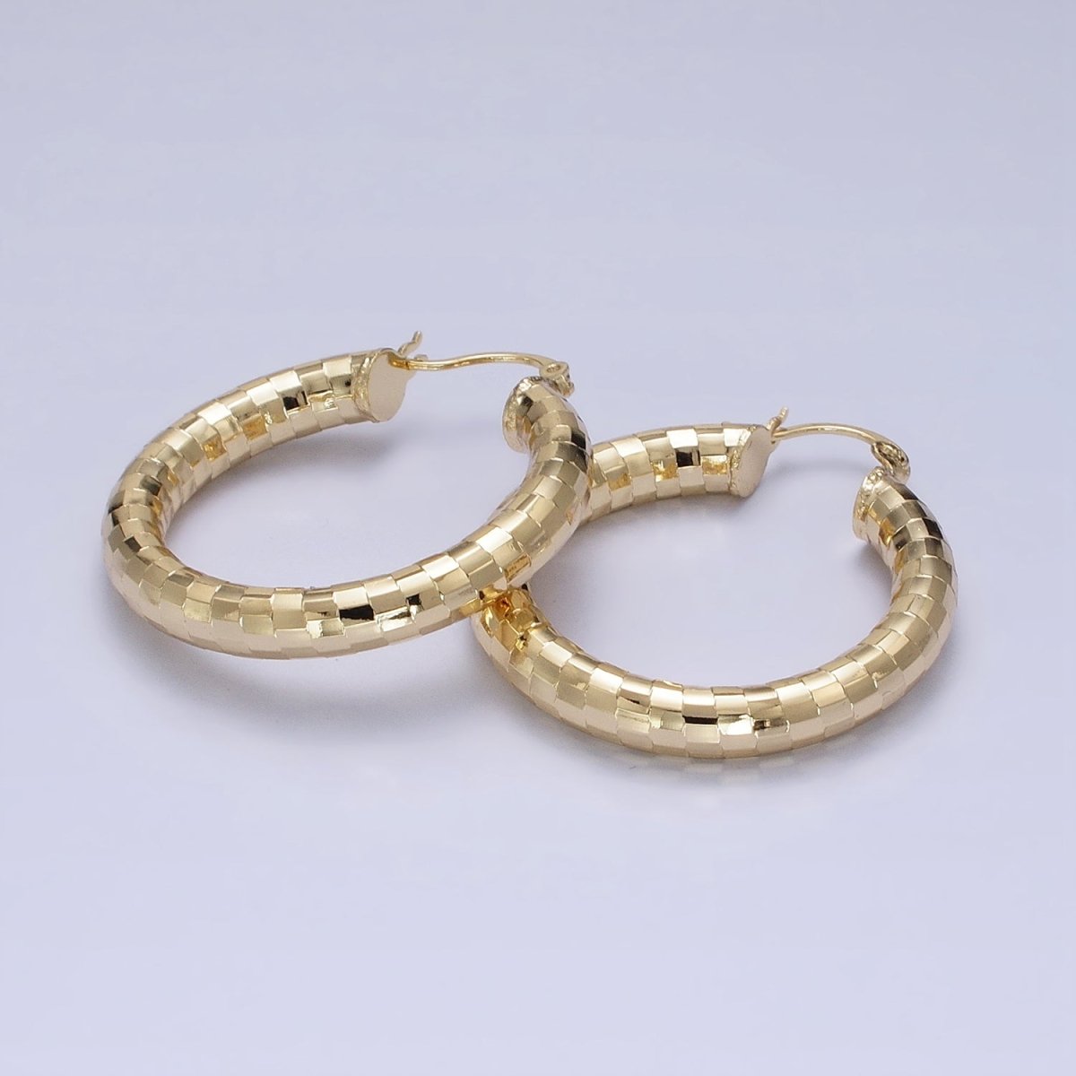 14K Gold Filled 35mm, 45mm, 55mm Line Textured Geometric Hoop French Lock Latch Earrings | AE-004 AE-005 AE-048