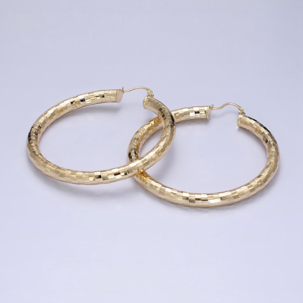 14K Gold Filled 35mm, 45mm, 55mm Line Textured Geometric Hoop French Lock Latch Earrings | AE-004 AE-005 AE-048