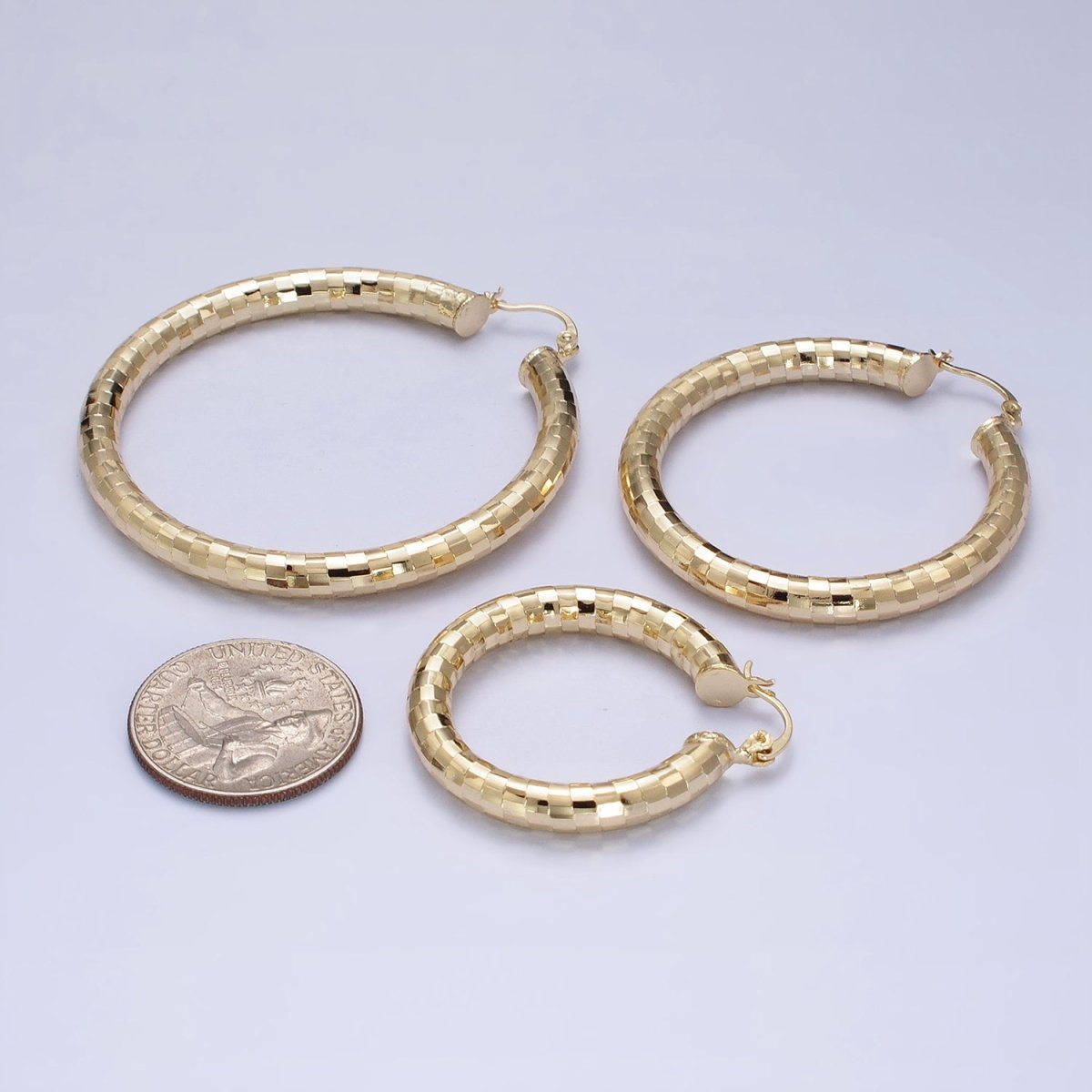 14K Gold Filled 35mm, 45mm, 55mm Line Textured Geometric Hoop French Lock Latch Earrings | AE-004 AE-005 AE-048