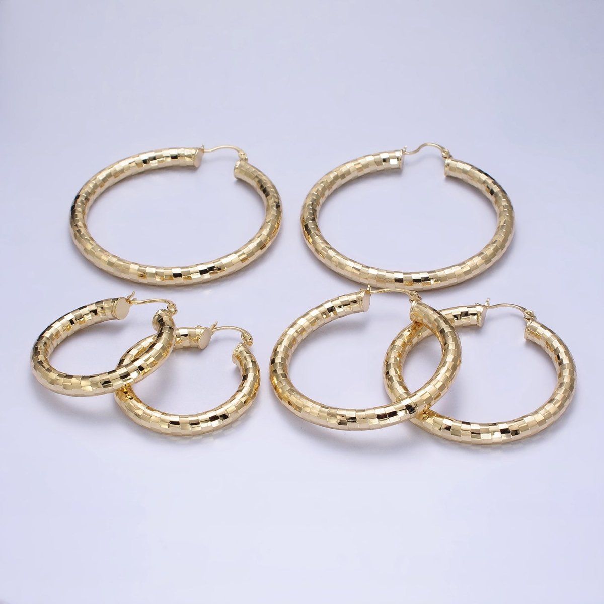 14K Gold Filled 35mm, 45mm, 55mm Line Textured Geometric Hoop French Lock Latch Earrings | AE-004 AE-005 AE-048