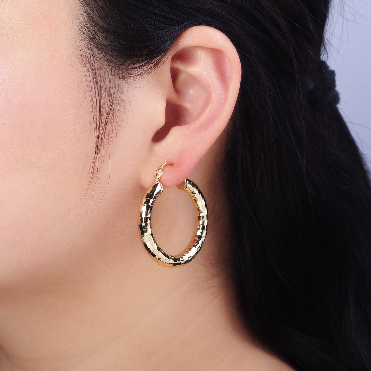 14K Gold Filled 35mm, 45mm, 55mm Line Textured Geometric Hoop French Lock Latch Earrings | AE-004 AE-005 AE-048
