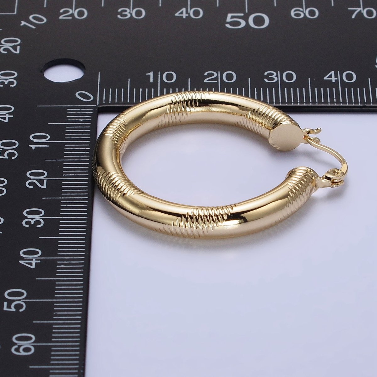 14K Gold Filled 35mm, 45mm, 55mm Line-Textured Statement Latch French Lock Hoop Earrings | AB207 - AB209