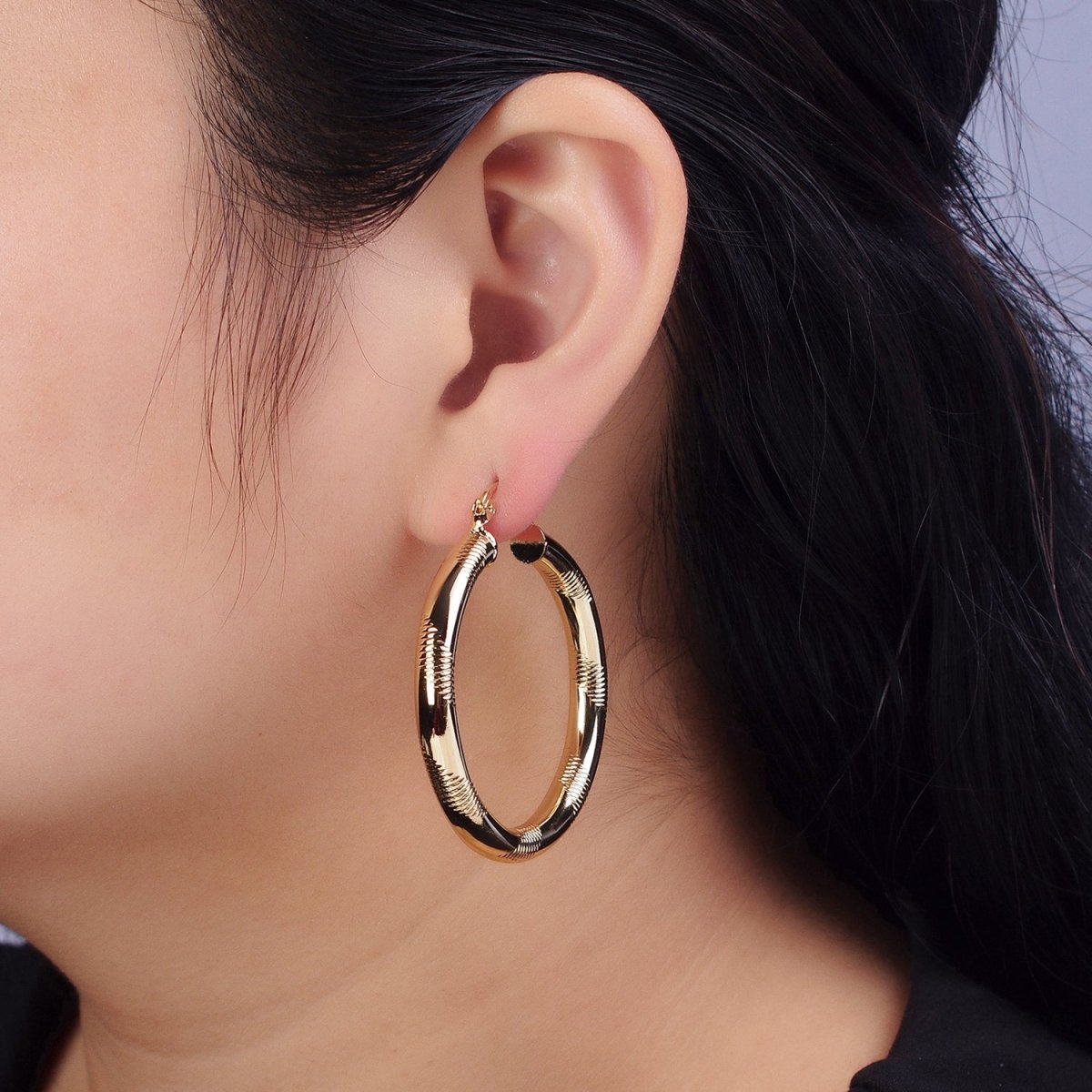14K Gold Filled 35mm, 45mm, 55mm Line-Textured Statement Latch French Lock Hoop Earrings | AB207 - AB209