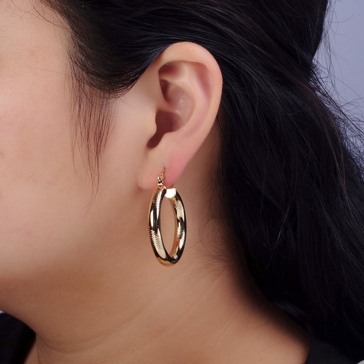 14K Gold Filled 35mm, 45mm, 55mm Line-Textured Statement Latch French Lock Hoop Earrings | AB207 - AB209
