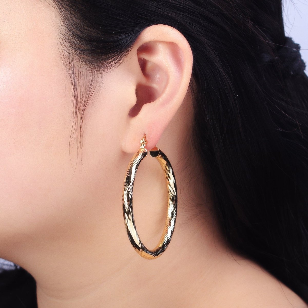 14K Gold Filled 35mm, 45mm, 55mm Line-Textured Twisted French Lock Latch Hoop Earrings | AE009 - AE011