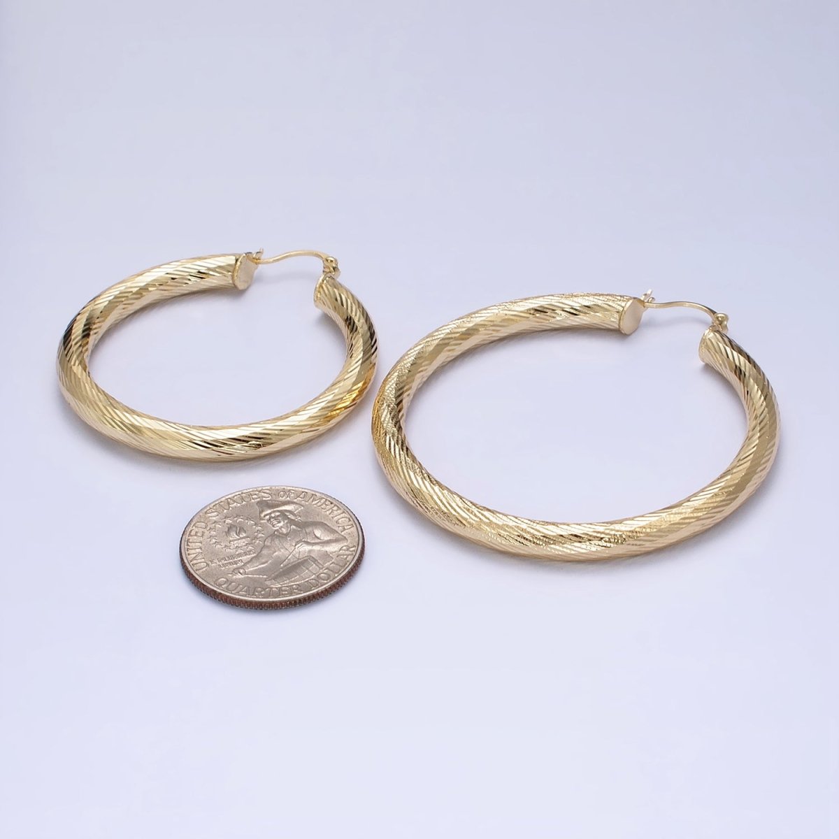 14K Gold Filled 35mm, 45mm, 55mm Line-Textured Twisted French Lock Latch Hoop Earrings | AE009 - AE011