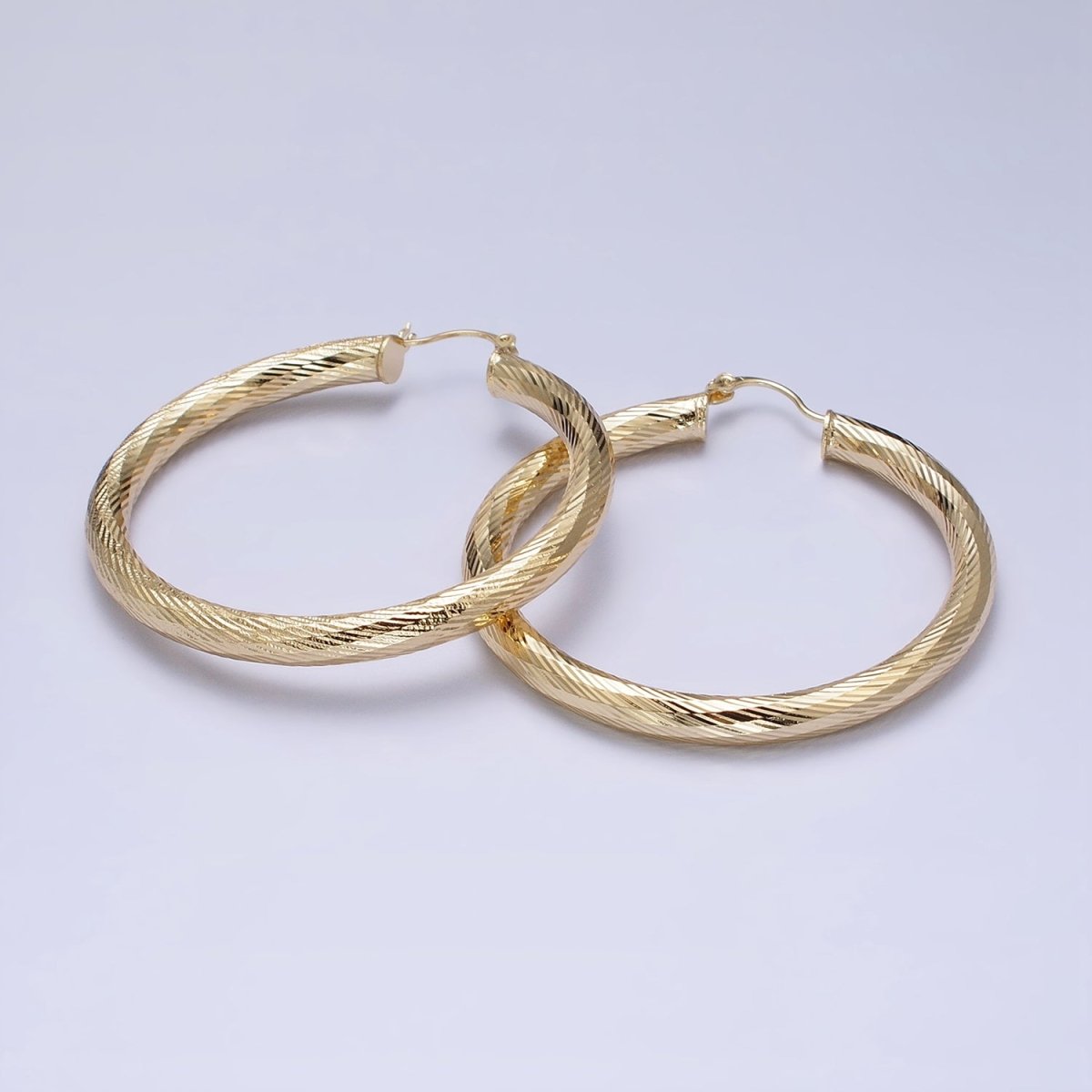 14K Gold Filled 35mm, 45mm, 55mm Line-Textured Twisted French Lock Latch Hoop Earrings | AE009 - AE011