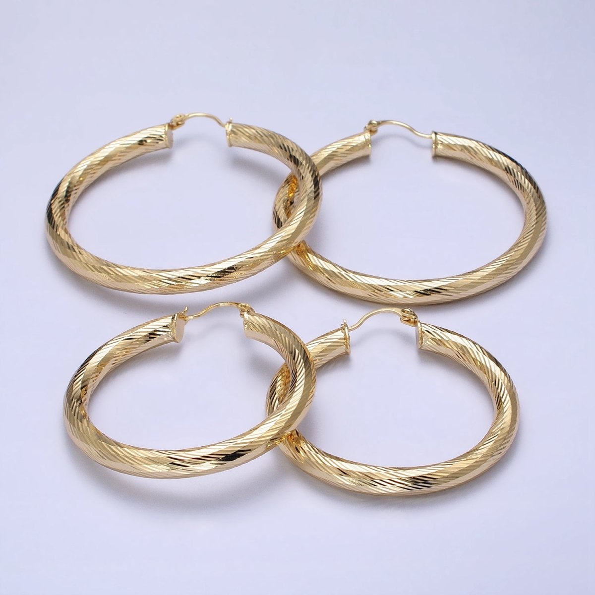 14K Gold Filled 35mm, 45mm, 55mm Line-Textured Twisted French Lock Latch Hoop Earrings | AE009 - AE011