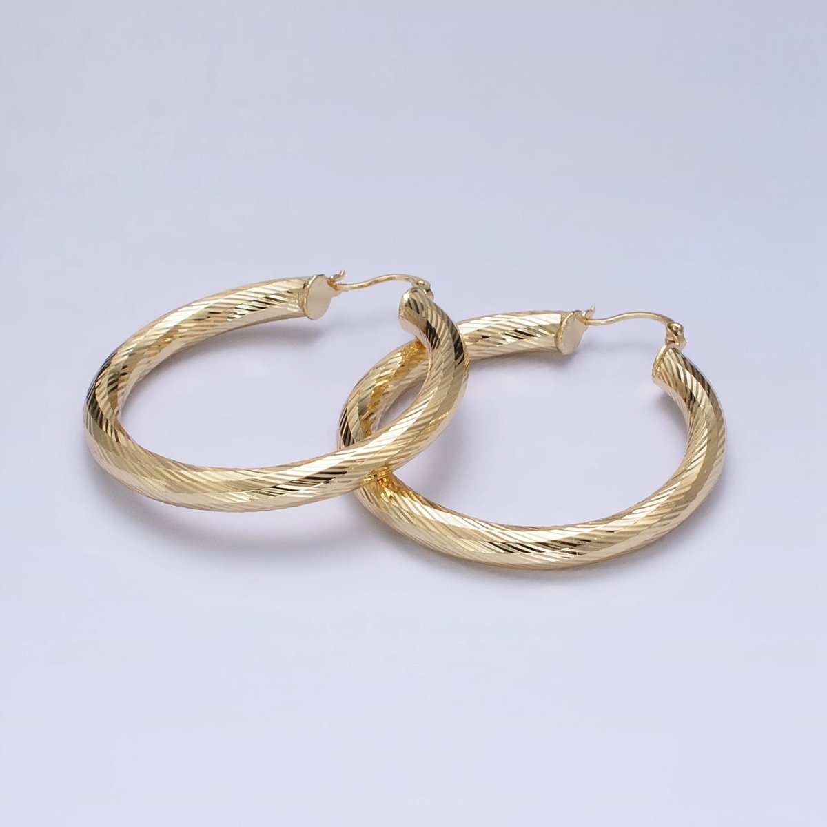 14K Gold Filled 35mm, 45mm, 55mm Line-Textured Twisted French Lock Latch Hoop Earrings | AE009 - AE011