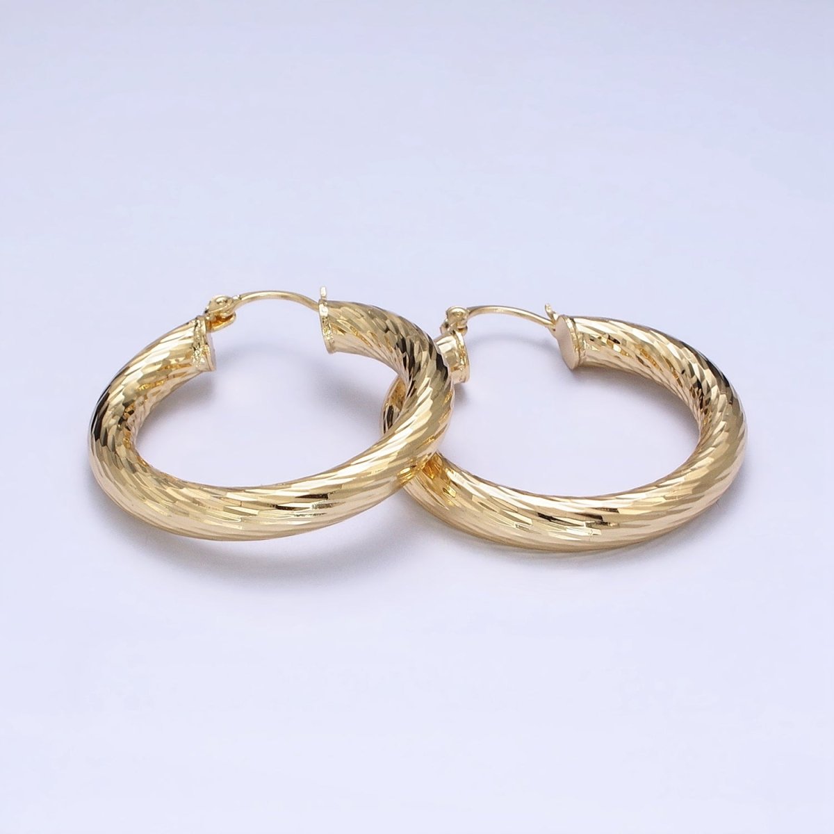 14K Gold Filled 35mm, 45mm, 55mm Line-Textured Twisted French Lock Latch Hoop Earrings | AE009 - AE011