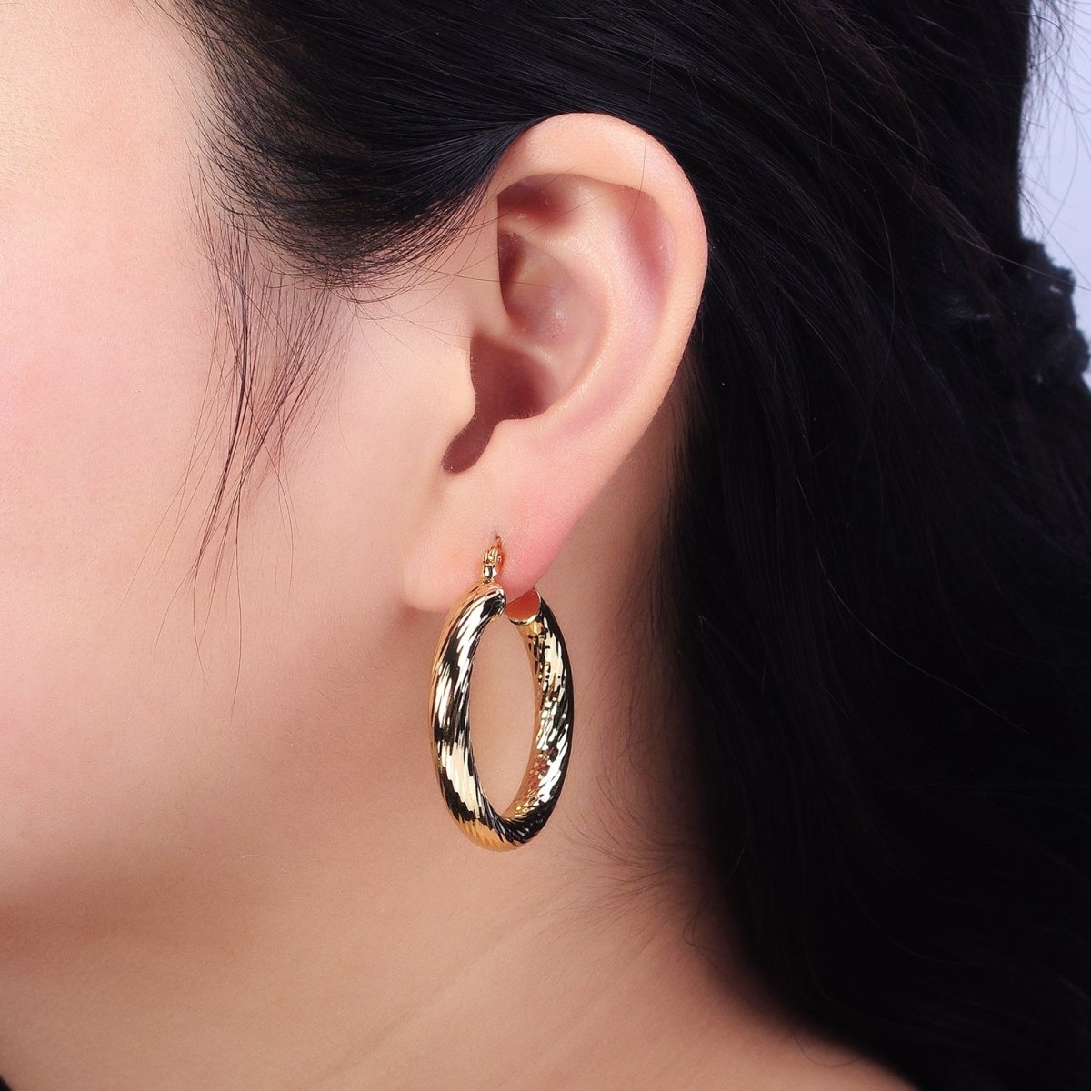 14K Gold Filled 35mm, 45mm, 55mm Line-Textured Twisted French Lock Latch Hoop Earrings | AE009 - AE011