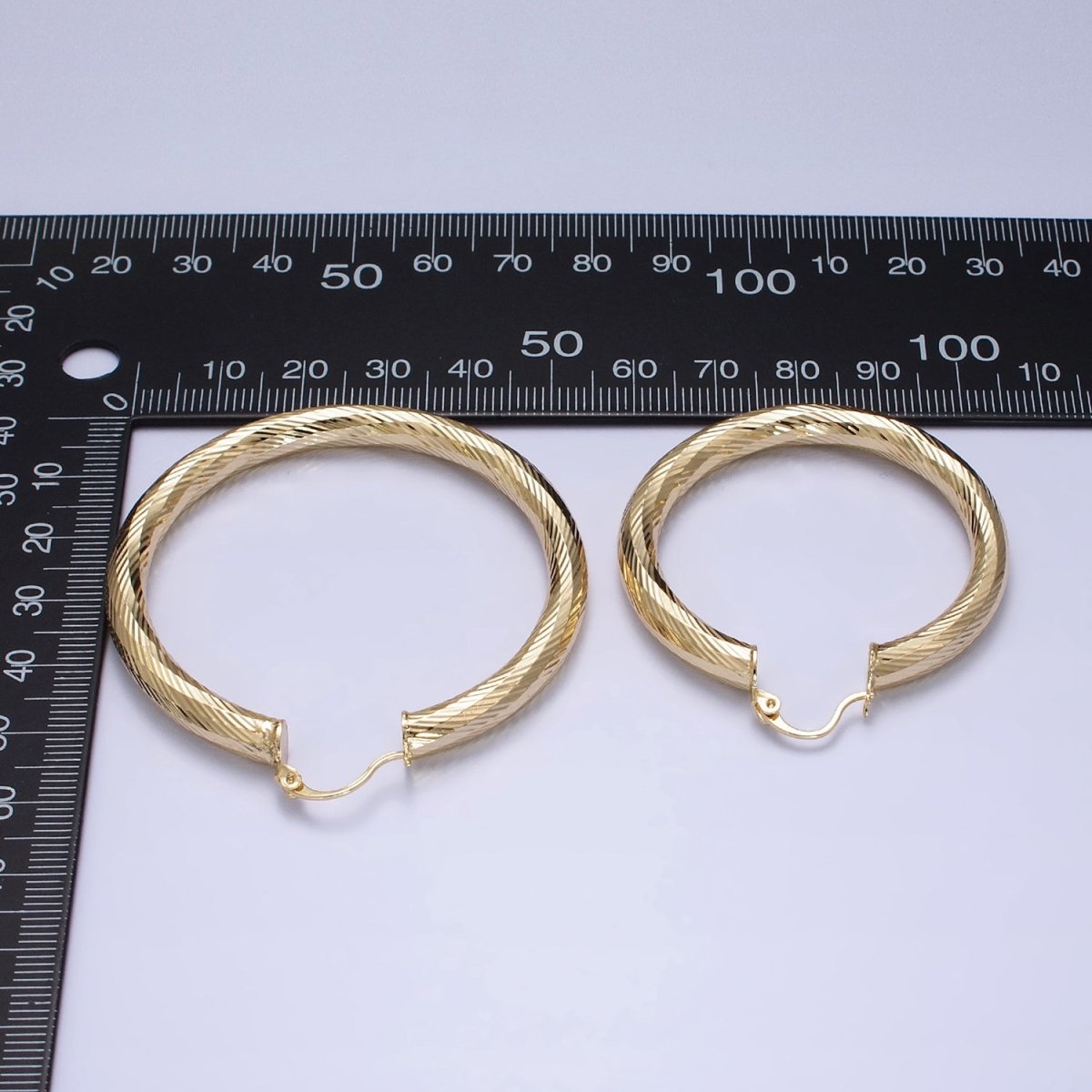 14K Gold Filled 35mm, 45mm, 55mm Line-Textured Twisted French Lock Latch Hoop Earrings | AE009 - AE011