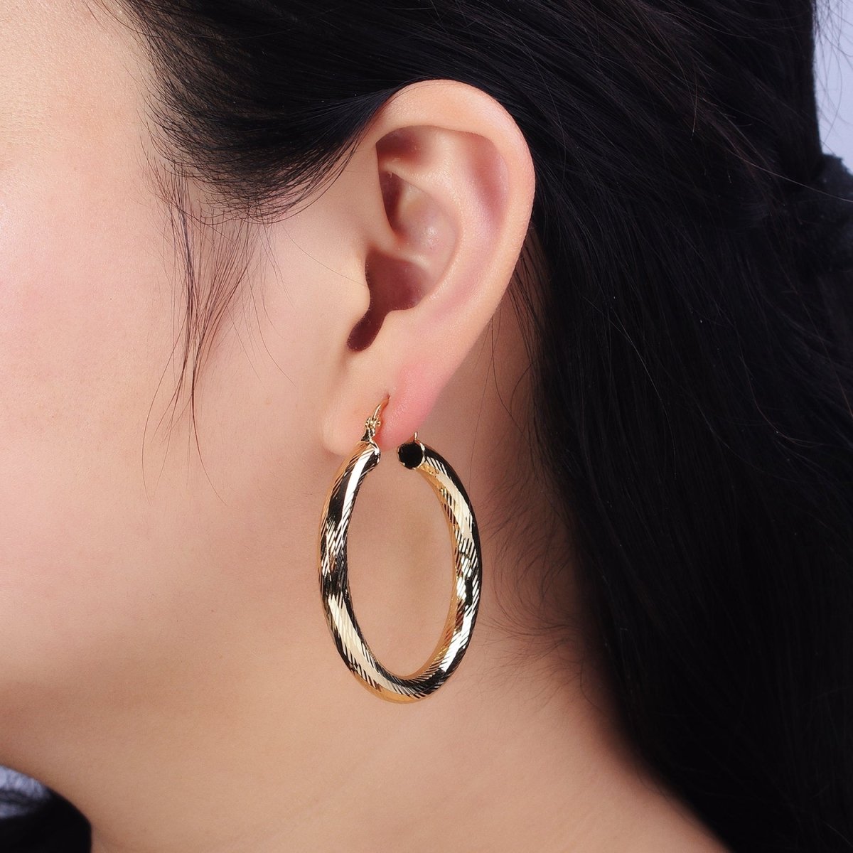 14K Gold Filled 35mm, 45mm, 55mm Line-Textured Twisted French Lock Latch Hoop Earrings | AE009 - AE011