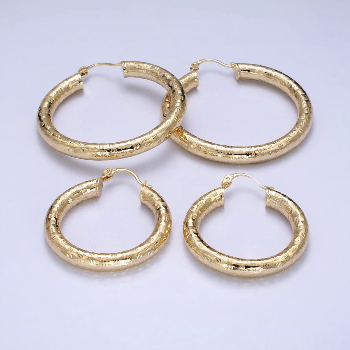 14K Gold Filled 35mm, 55mm, 50mm Line-Texture Multifaceted French Lock Latch Hoop Earrings | AE001 - AE003