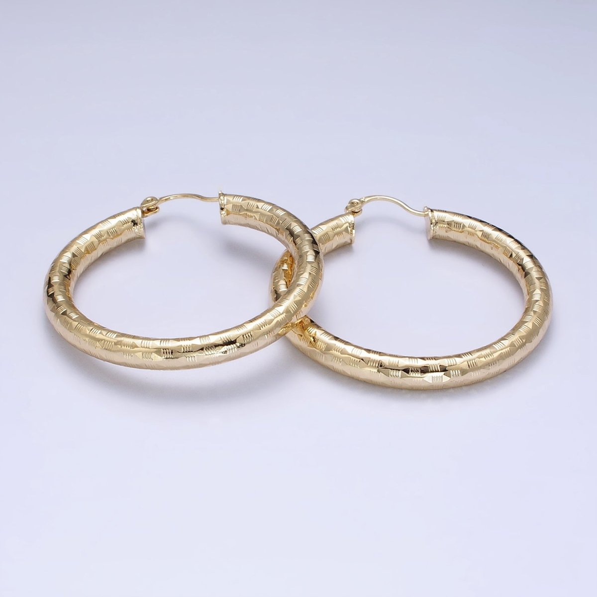 14K Gold Filled 35mm, 55mm, 50mm Line-Texture Multifaceted French Lock Latch Hoop Earrings | AE001 - AE003