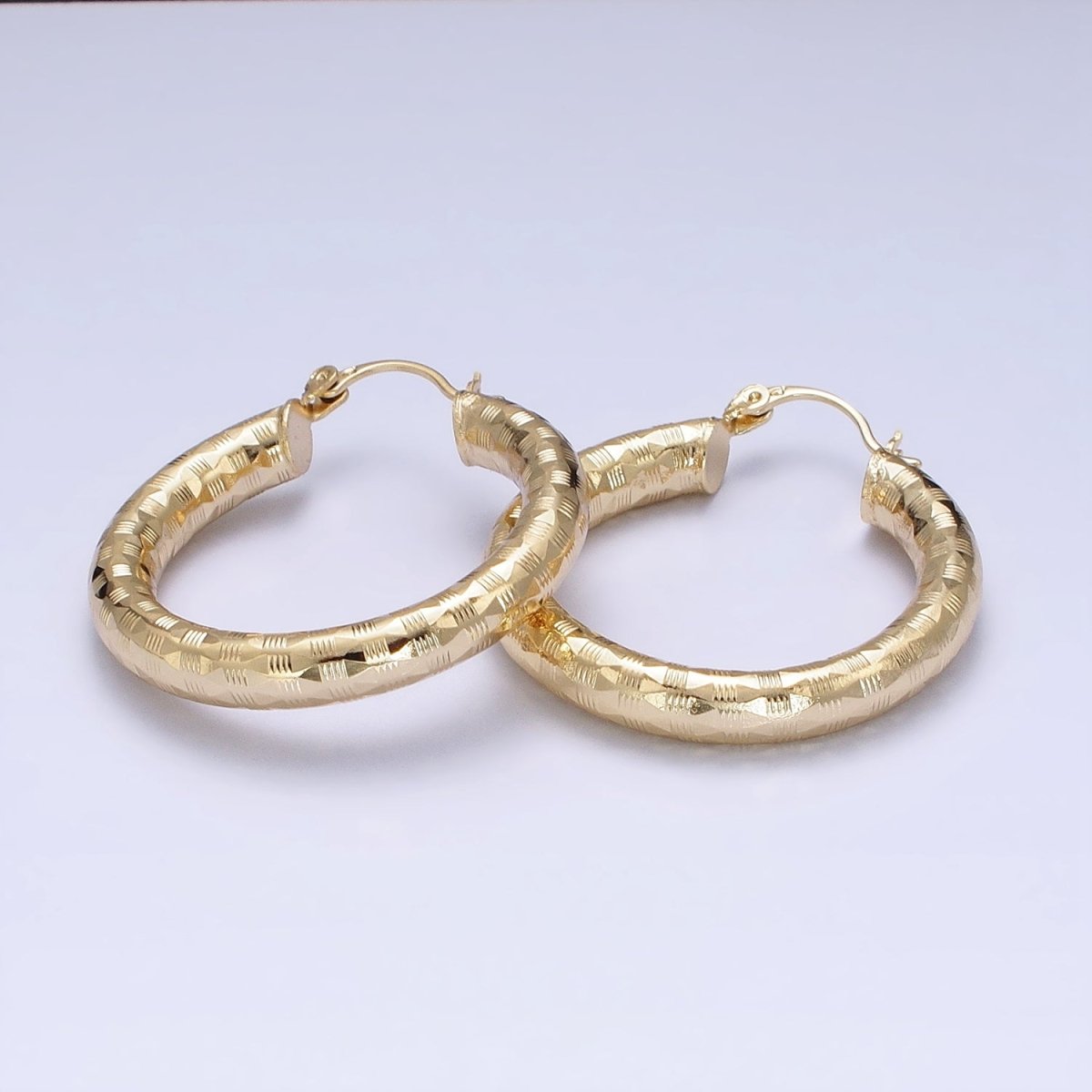 14K Gold Filled 35mm, 55mm, 50mm Line-Texture Multifaceted French Lock Latch Hoop Earrings | AE001 - AE003