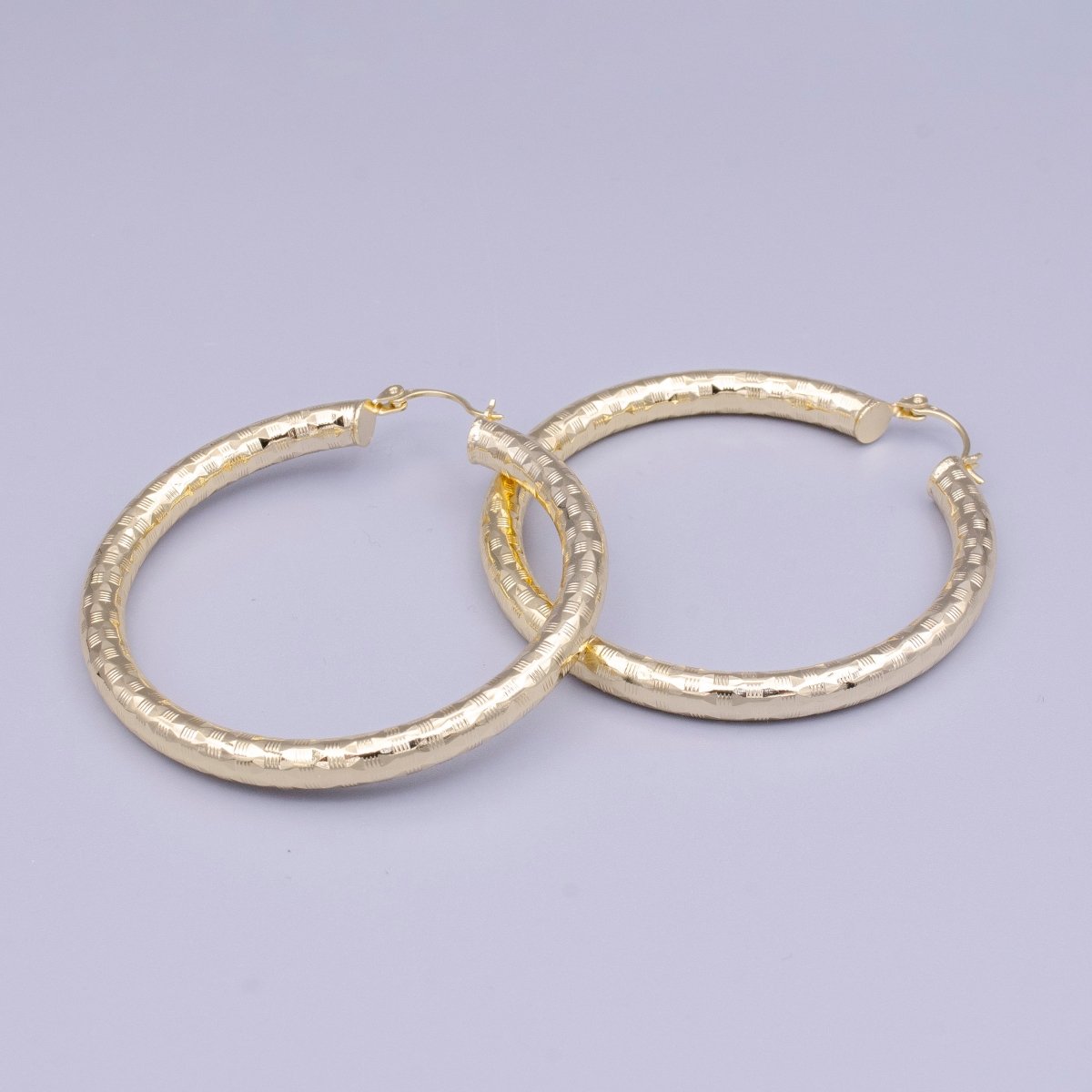 14K Gold Filled 35mm, 55mm, 50mm Line-Texture Multifaceted French Lock Latch Hoop Earrings | AE001 - AE003