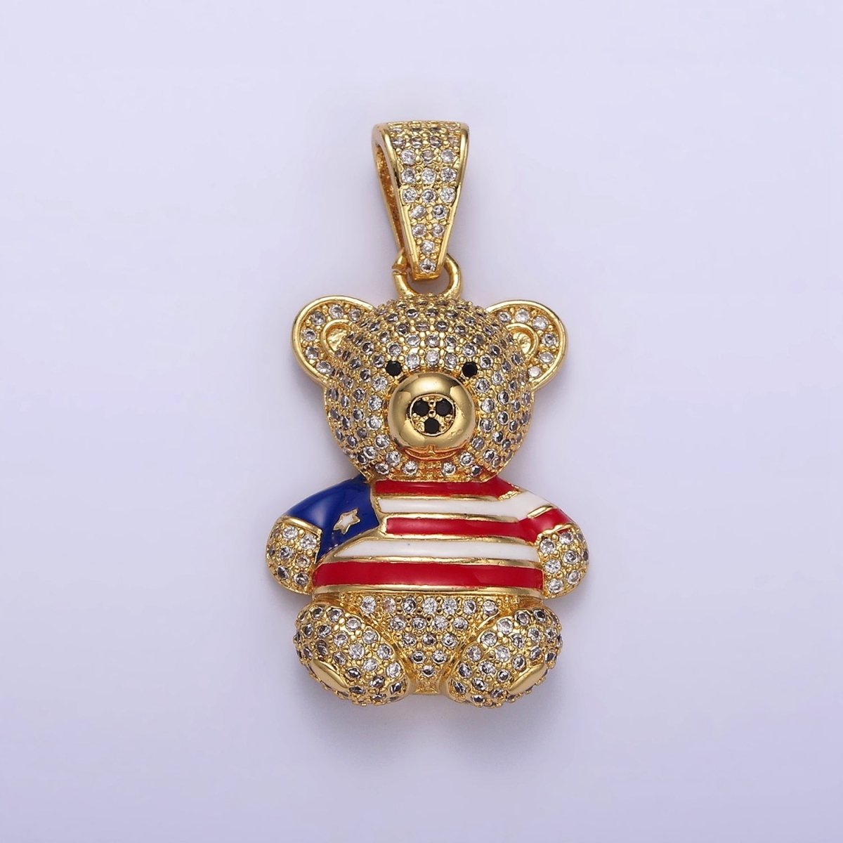 14K Gold Filled 35mm Bear Animal Flag Shirt Clear Micro Paved CZ Bail Pendant | AA642 - DLUXCA