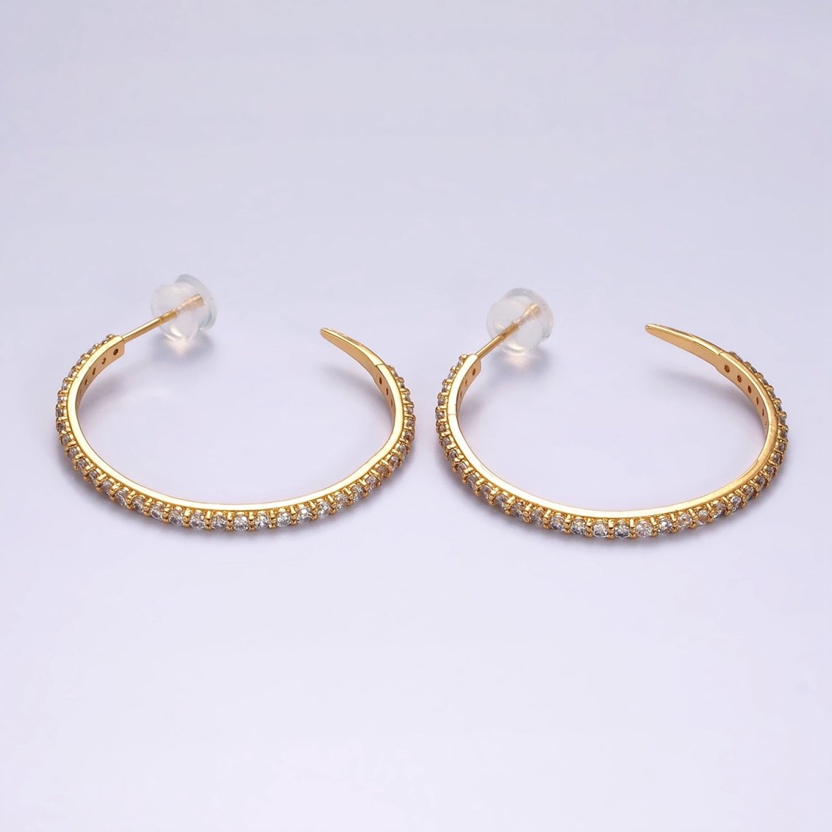 14K Gold Filled 35mm Clear CZ Lined C-Shaped Hoop Earrings in Gold & Silver | AE153 AE154