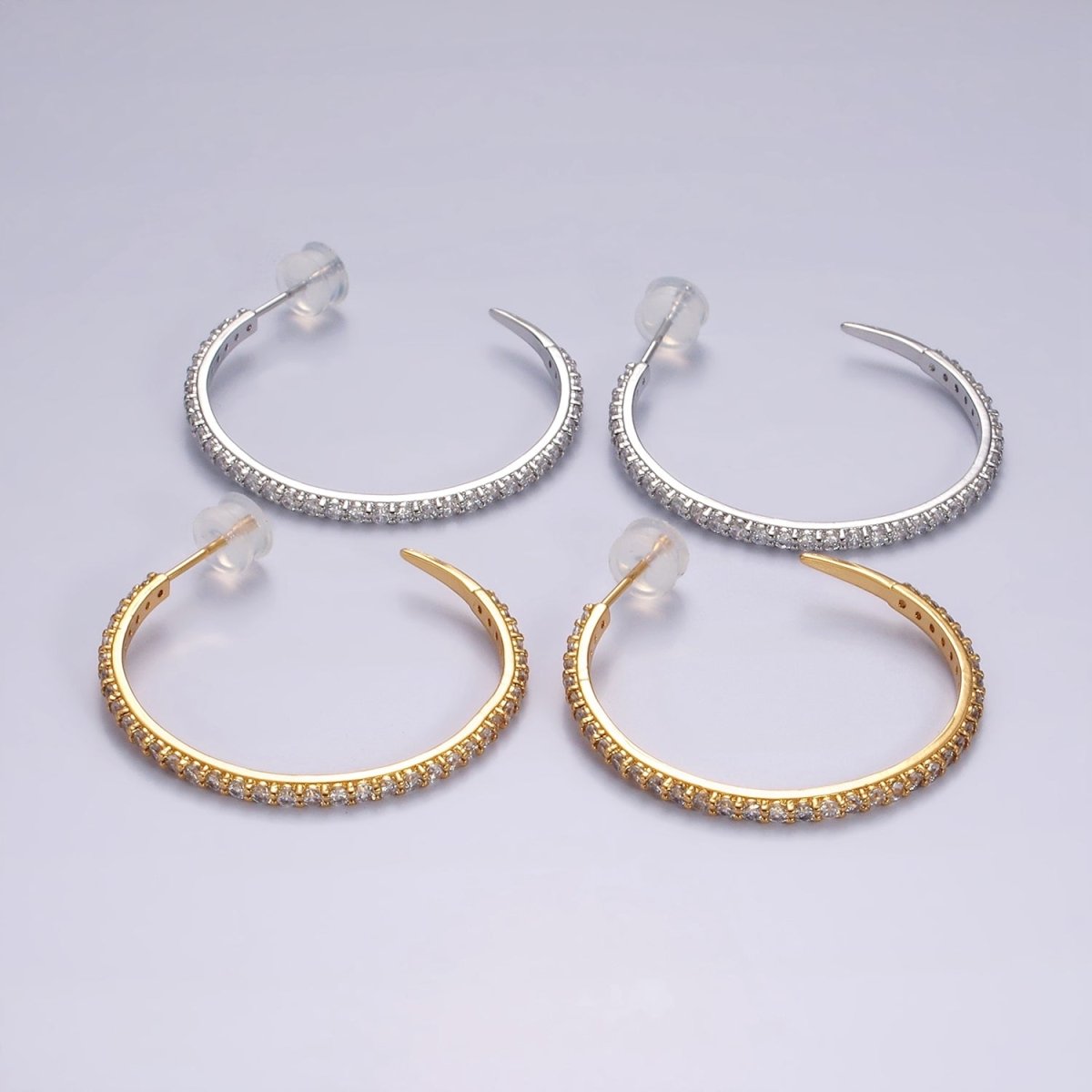 14K Gold Filled 35mm Clear CZ Lined C-Shaped Hoop Earrings in Gold & Silver | AE153 AE154