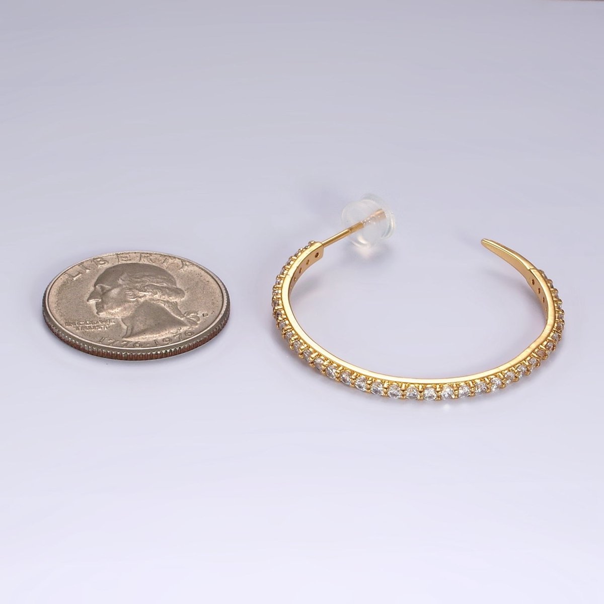 14K Gold Filled 35mm Clear CZ Lined C-Shaped Hoop Earrings in Gold & Silver | AE153 AE154