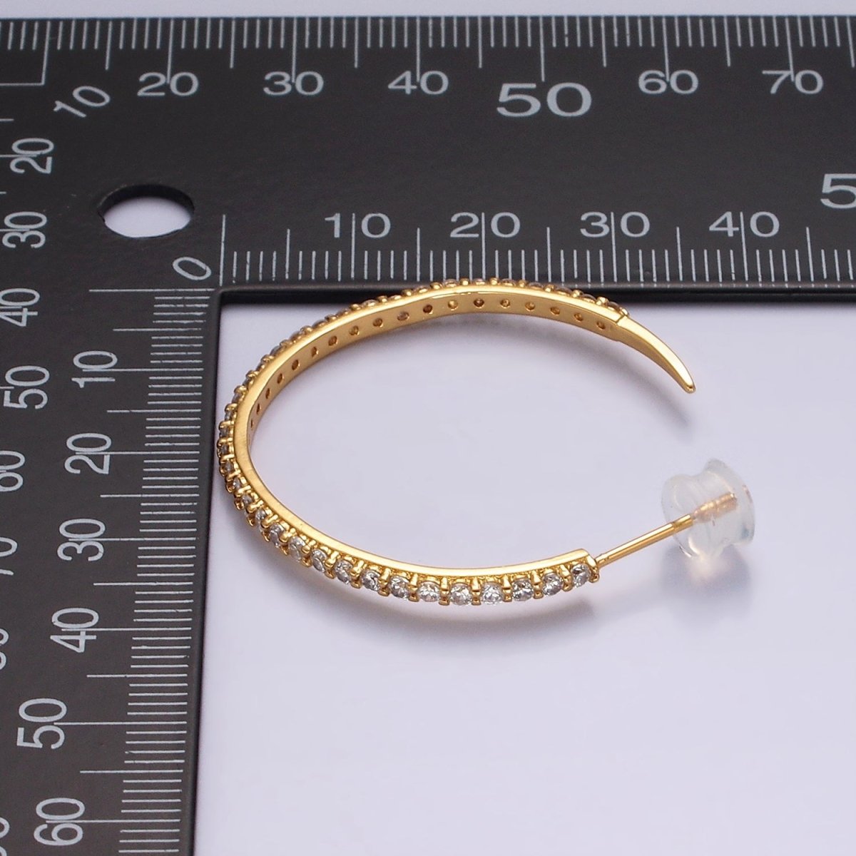 14K Gold Filled 35mm Clear CZ Lined C-Shaped Hoop Earrings in Gold & Silver | AE153 AE154