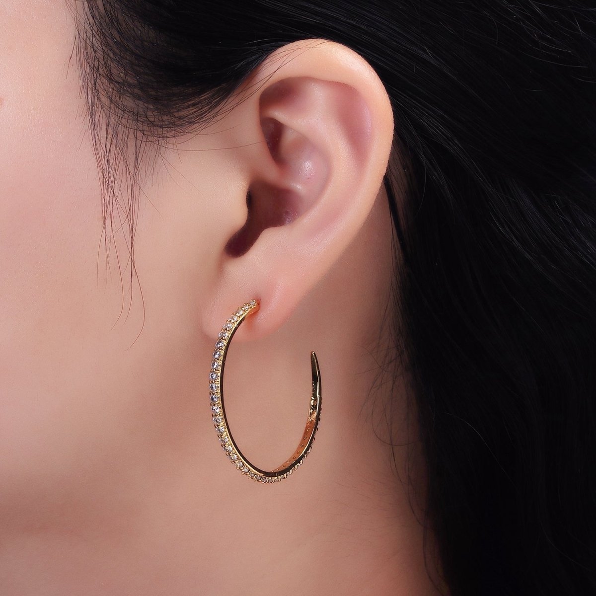 14K Gold Filled 35mm Clear CZ Lined C-Shaped Hoop Earrings in Gold & Silver | AE153 AE154