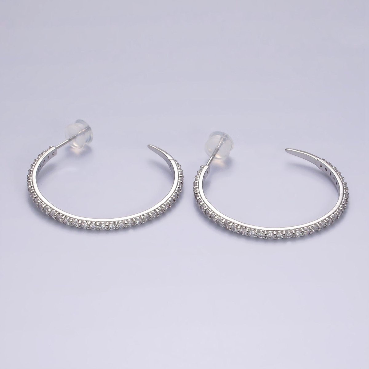 14K Gold Filled 35mm Clear CZ Lined C-Shaped Hoop Earrings in Gold & Silver | AE153 AE154