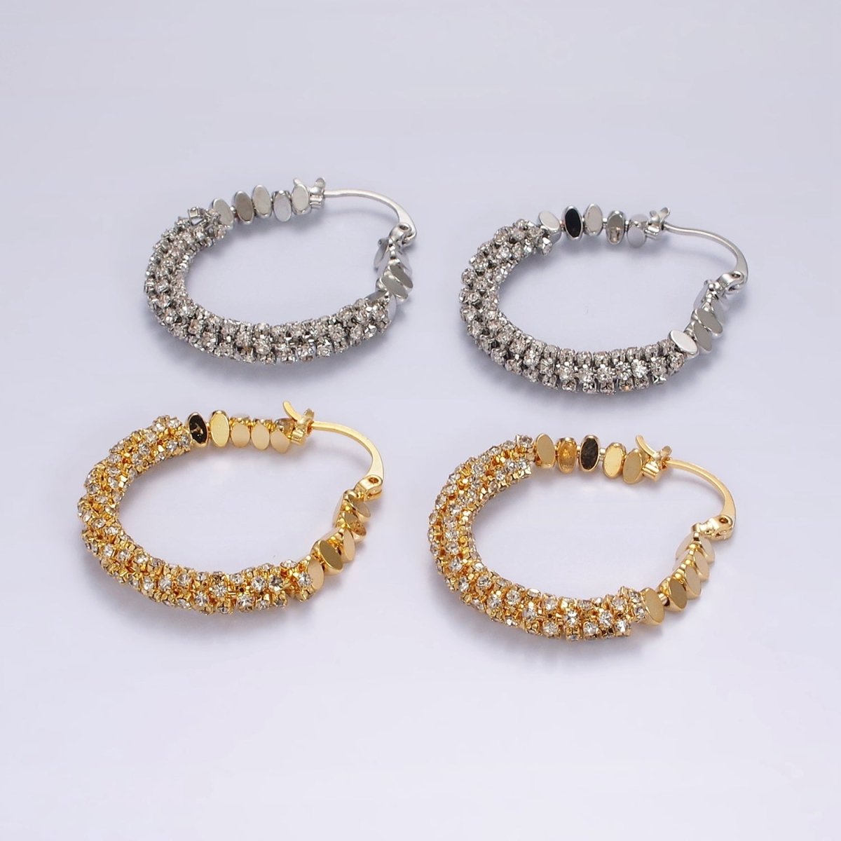 14K Gold Filled 35mm Oval Bead Micro Paved CZ Lined Latch Earrings in Gold & Silver | AE301 AE302