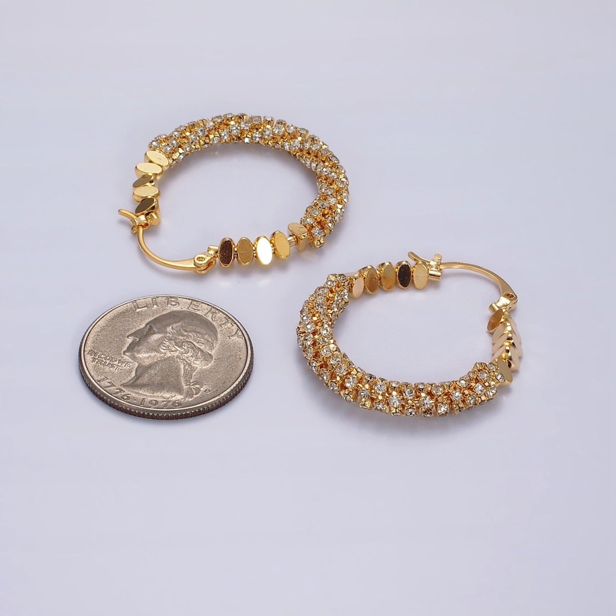 14K Gold Filled 35mm Oval Bead Micro Paved CZ Lined Latch Earrings in Gold & Silver | AE301 AE302
