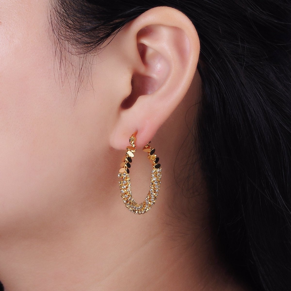 14K Gold Filled 35mm Oval Bead Micro Paved CZ Lined Latch Earrings in Gold & Silver | AE301 AE302