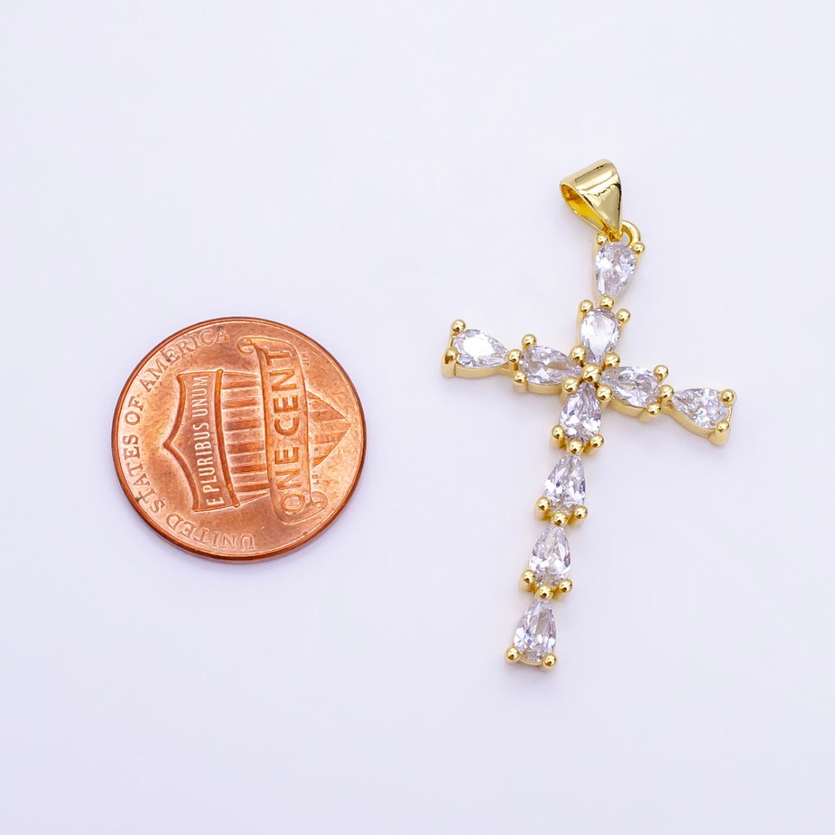 14K Gold Filled 35mm Teardrop CZ Religious Cross Pendant in Gold & Silver | H352