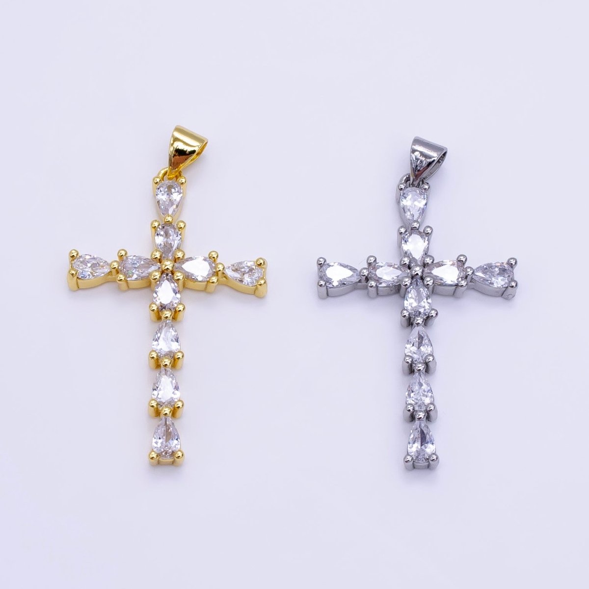 14K Gold Filled 35mm Teardrop CZ Religious Cross Pendant in Gold & Silver | H352