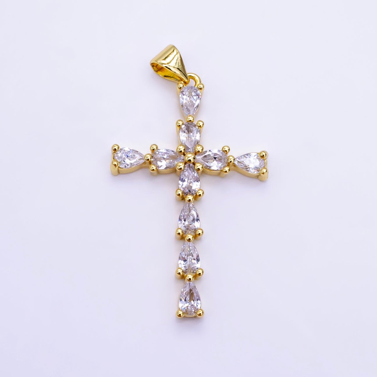 14K Gold Filled 35mm Teardrop CZ Religious Cross Pendant in Gold & Silver | H352