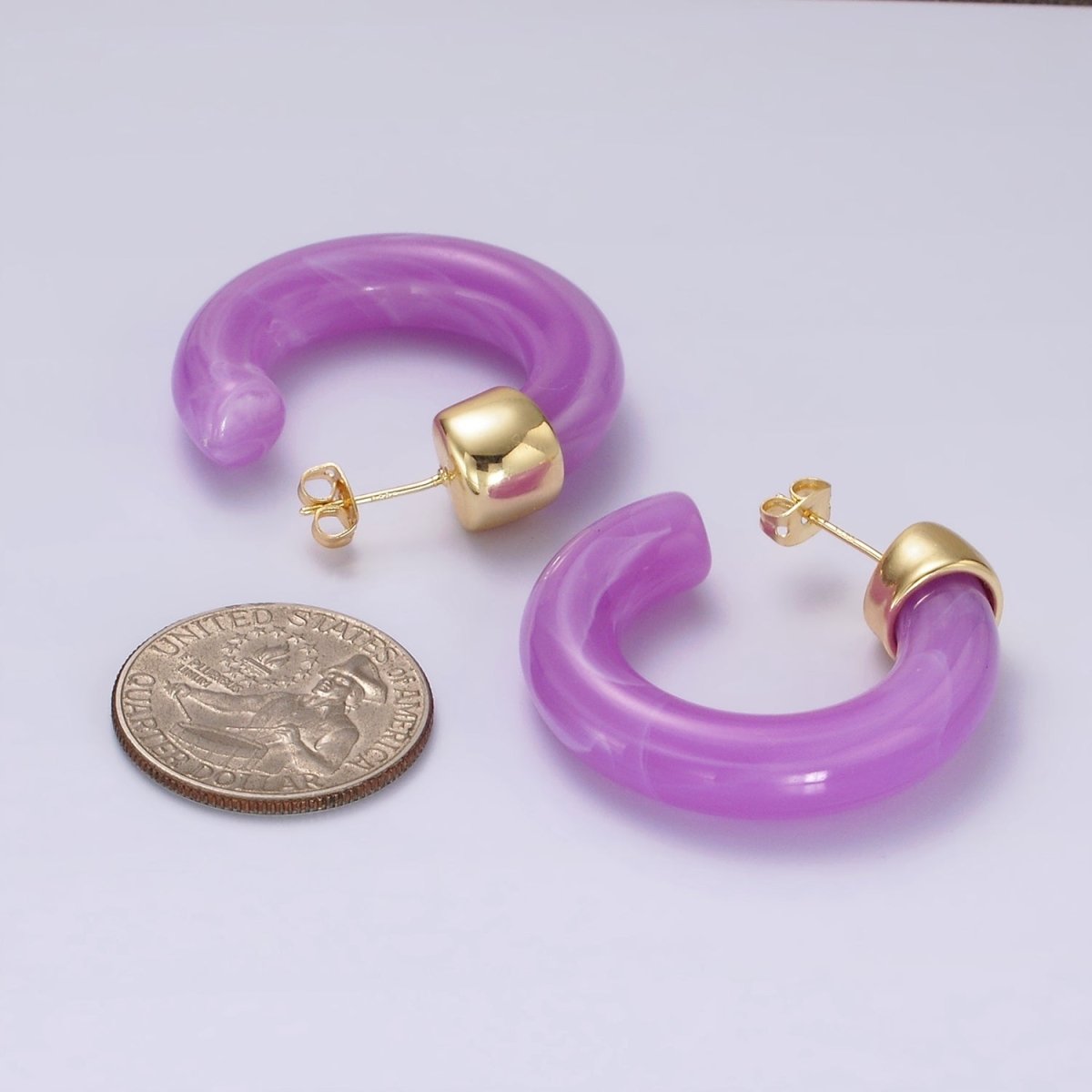 14K Gold Filled 35mm Yellow, Green, Pink, Purple C-Shaped Resin Hoop Earrings | AE189 - AE192