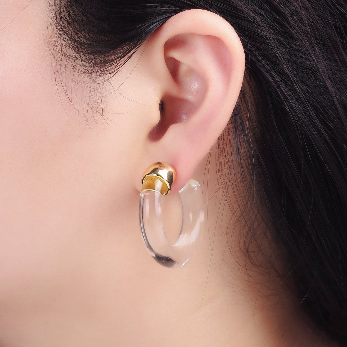 14K Gold Filled 35mm Yellow, Green, Pink, Purple C-Shaped Resin Hoop Earrings | AE189 - AE192