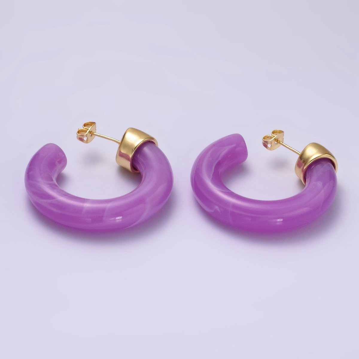 14K Gold Filled 35mm Yellow, Green, Pink, Purple C-Shaped Resin Hoop Earrings | AE189 - AE192