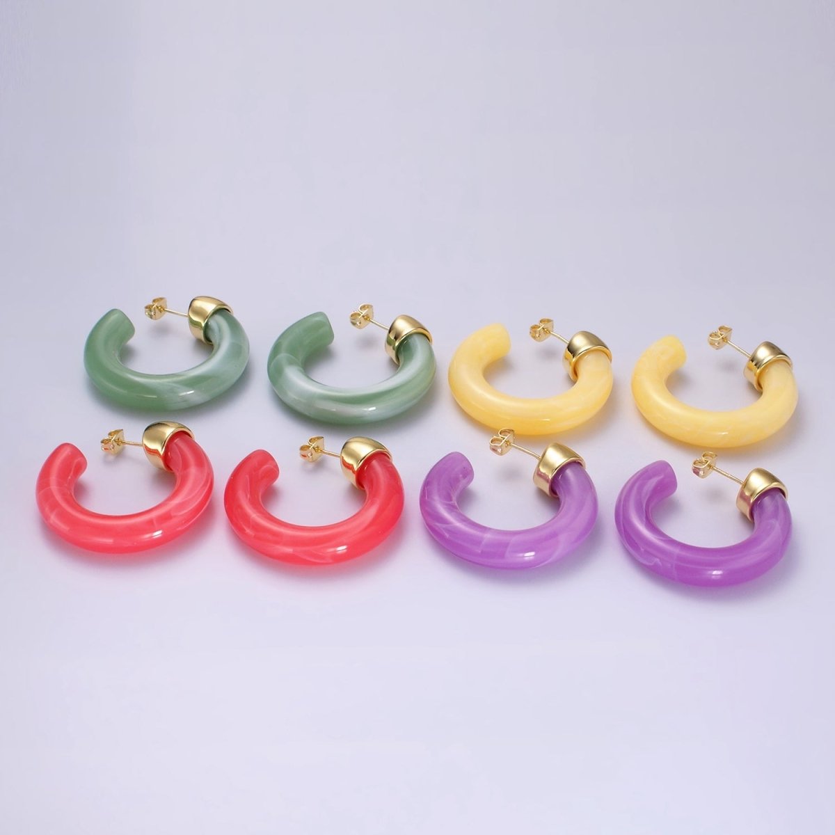 14K Gold Filled 35mm Yellow, Green, Pink, Purple C-Shaped Resin Hoop Earrings | AE189 - AE192