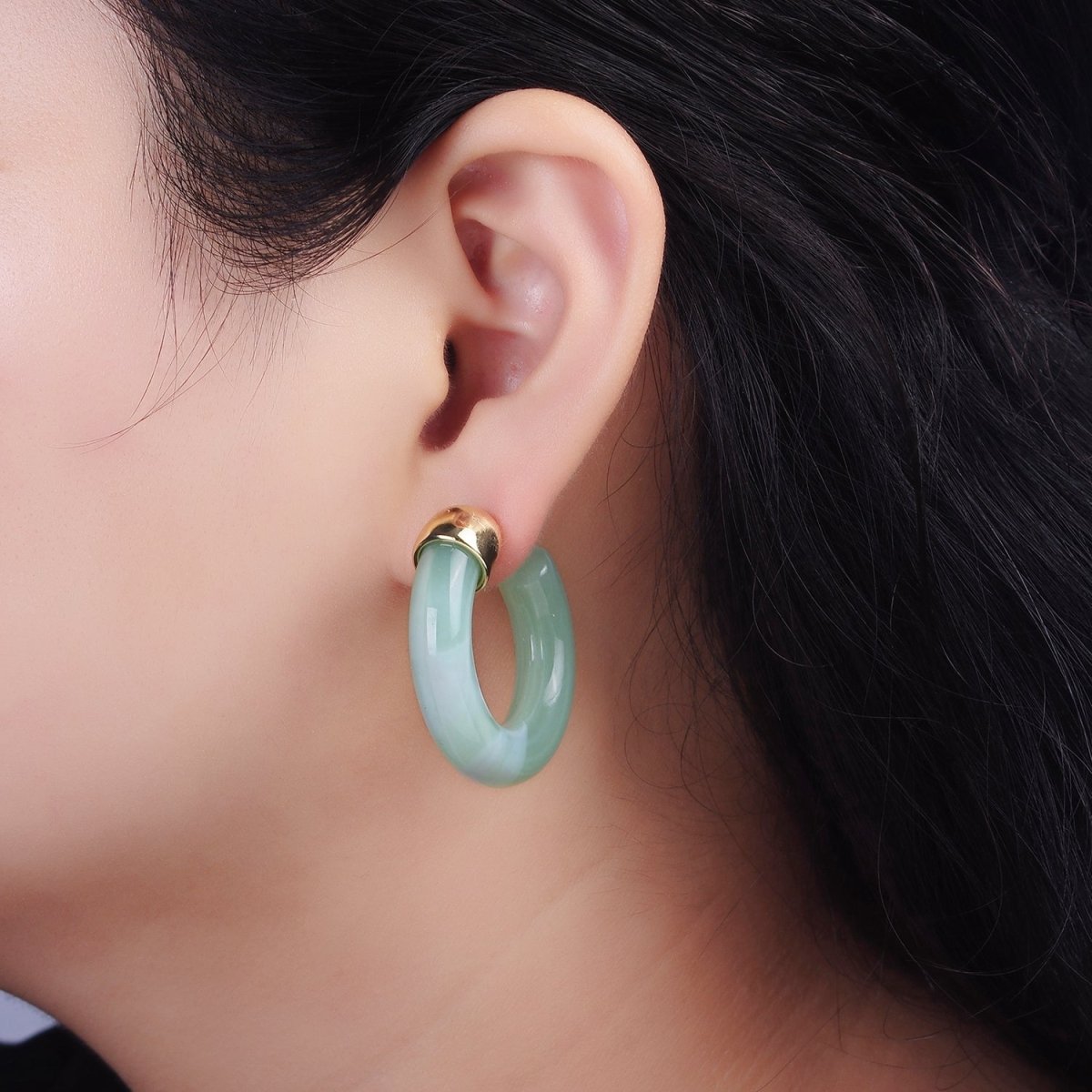 14K Gold Filled 35mm Yellow, Green, Pink, Purple C-Shaped Resin Hoop Earrings | AE189 - AE192