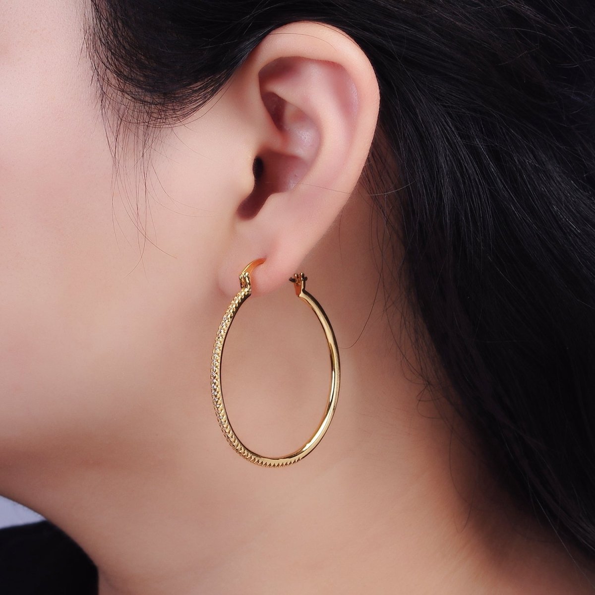 14K Gold Filled 40mm, 30mm, 50mm Clear Micro Paved CZ Latch Hoop Earrings in Gold & Silver | AE139 - AE144