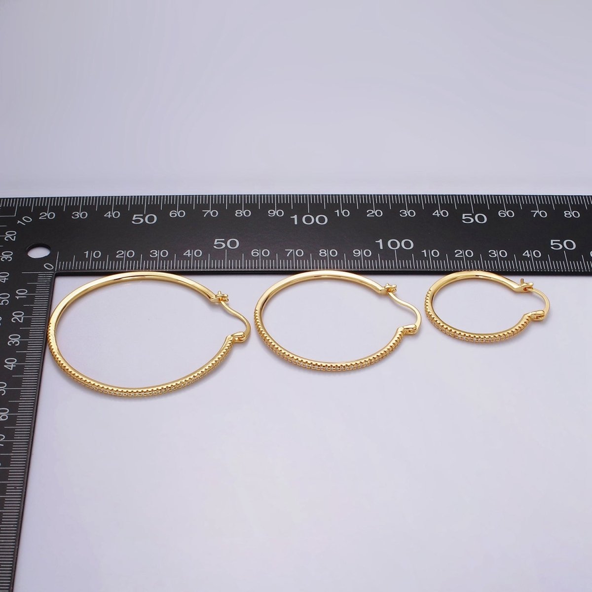 14K Gold Filled 40mm, 30mm, 50mm Clear Micro Paved CZ Latch Hoop Earrings in Gold & Silver | AE139 - AE144