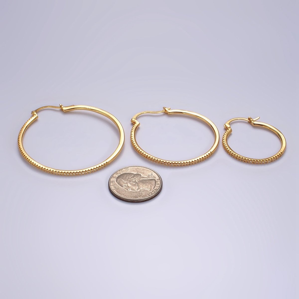 14K Gold Filled 40mm, 30mm, 50mm Clear Micro Paved CZ Latch Hoop Earrings in Gold & Silver | AE139 - AE144