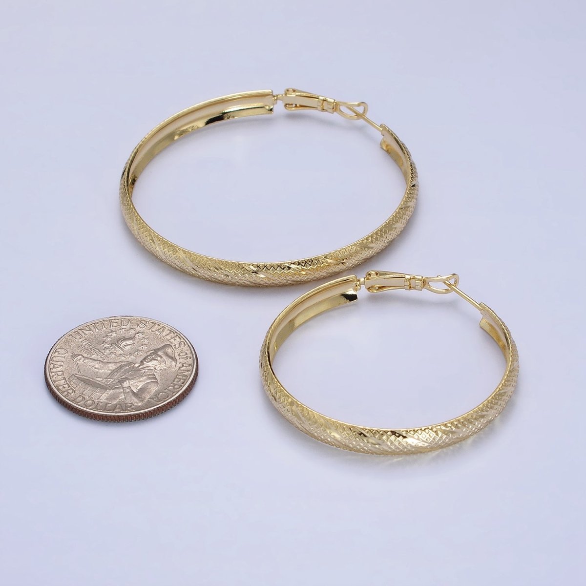 14K Gold Filled 40mm, 50mm Rhombus Lined Textured Hinge Hoop Earrings | AE057 AE058