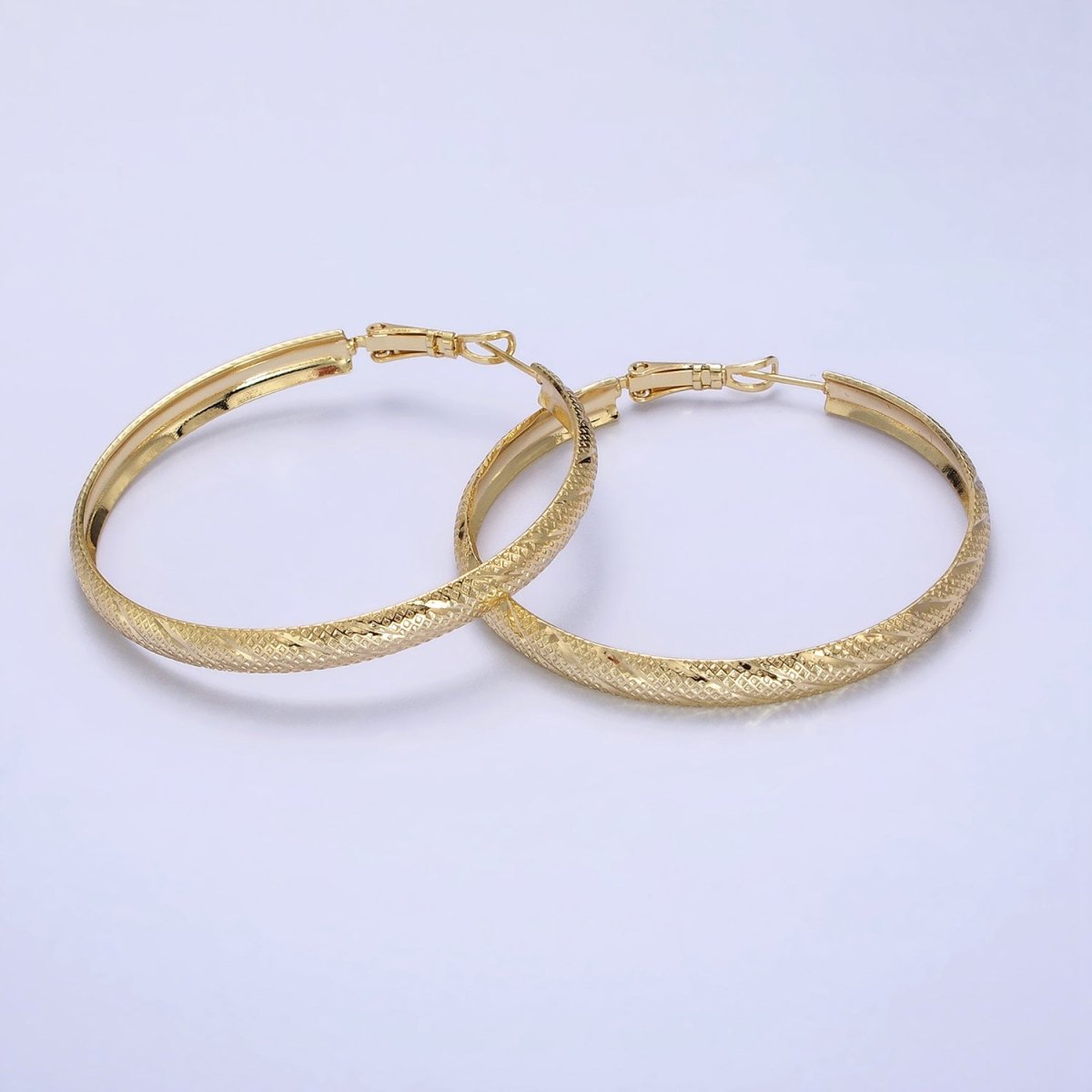 14K Gold Filled 40mm, 50mm Rhombus Lined Textured Hinge Hoop Earrings | AE057 AE058