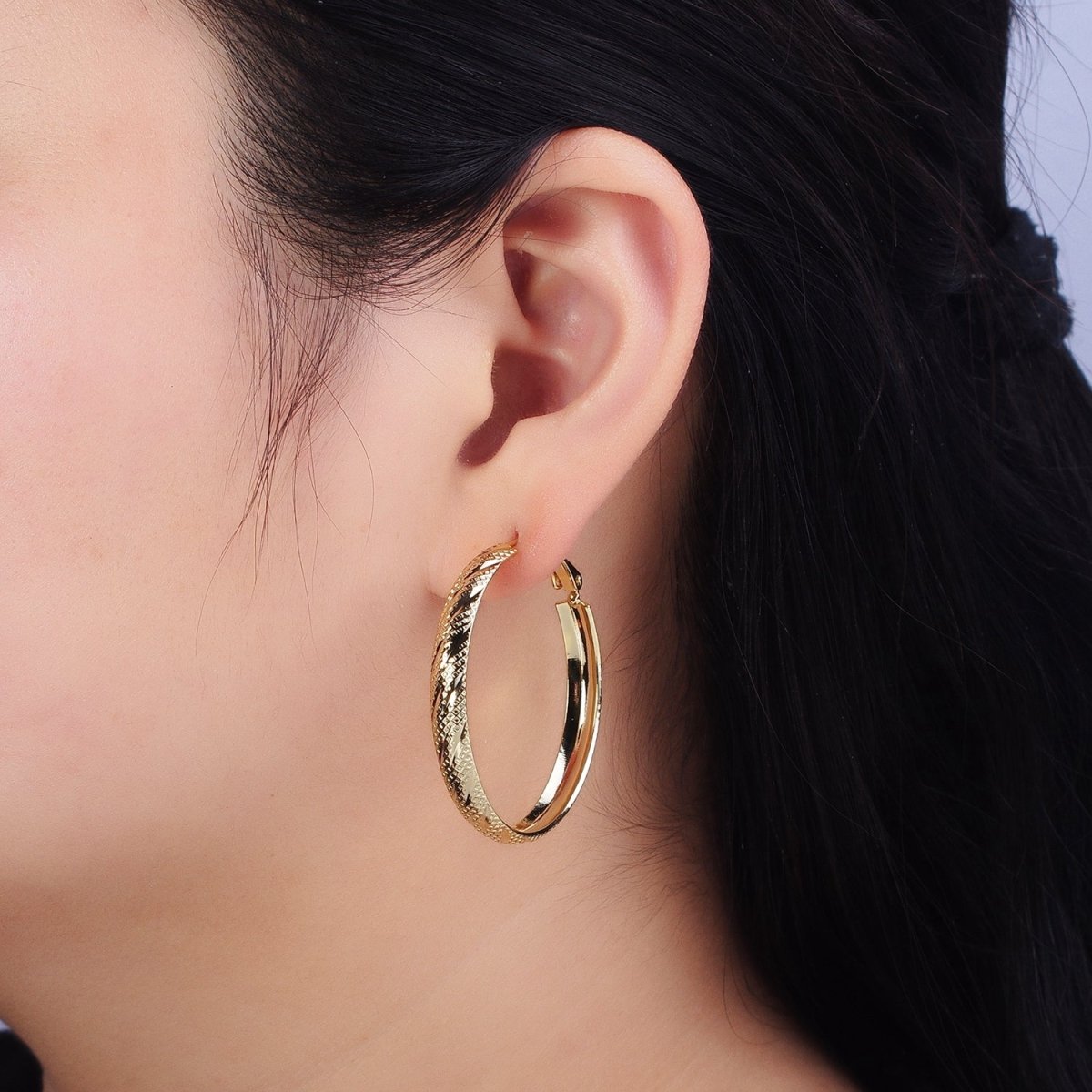 14K Gold Filled 40mm, 50mm Rhombus Lined Textured Hinge Hoop Earrings | AE057 AE058