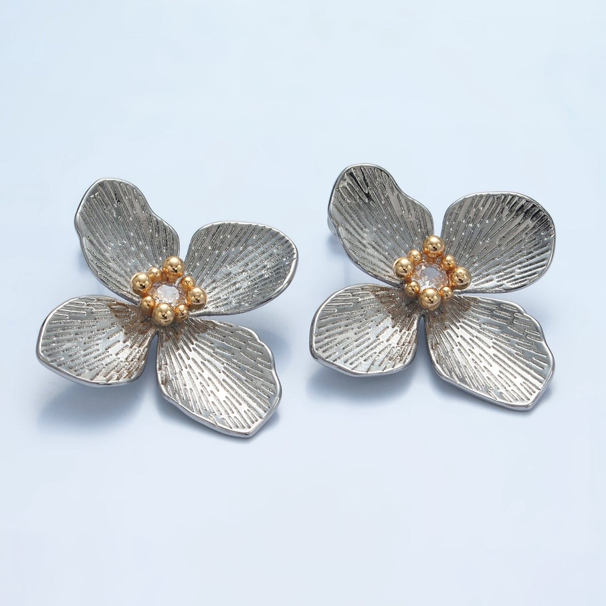 14K Gold Filled 40mm Clear CZ Line-Textured Flower Stud Earrings in Gold & Mixed Metal | P-507 P-504