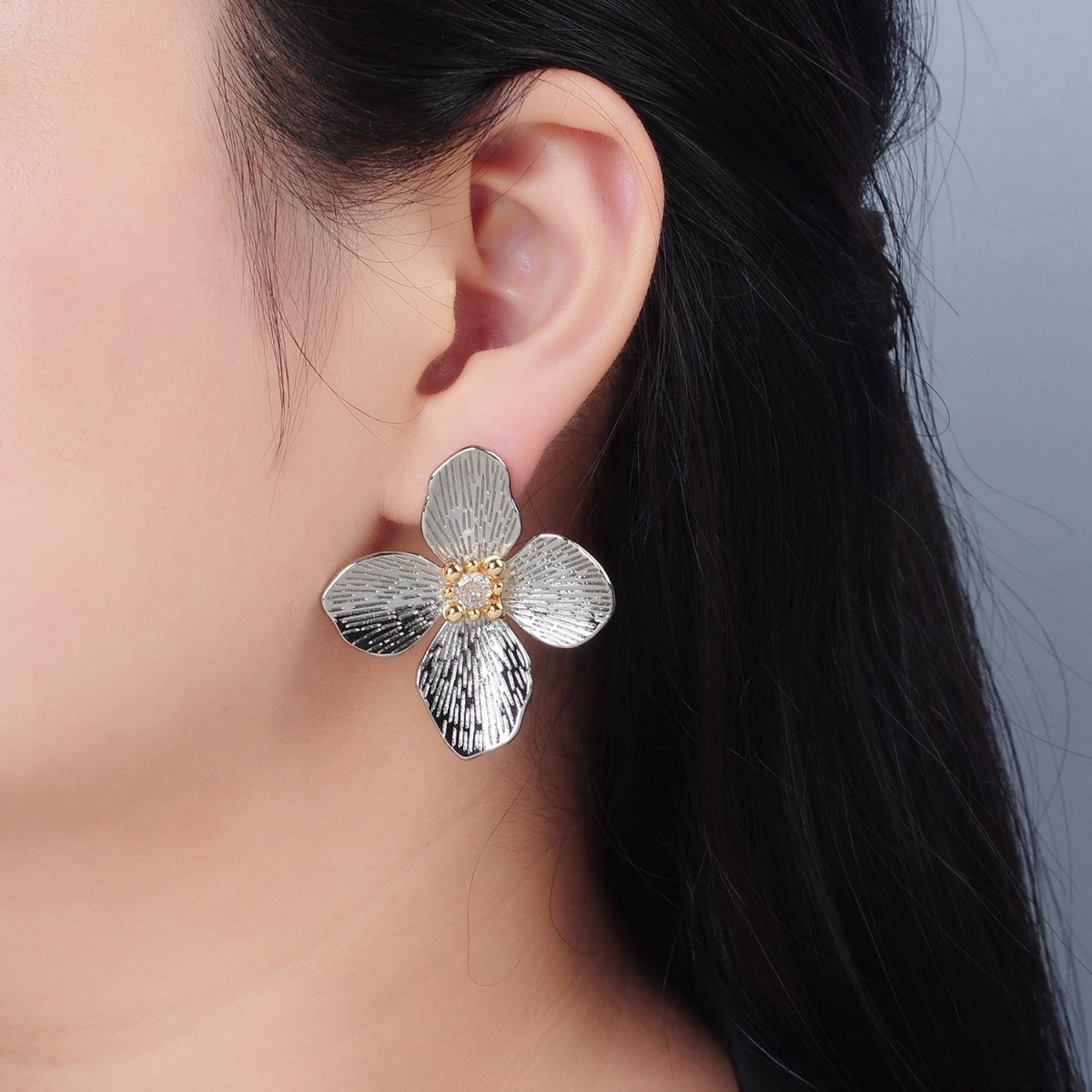 14K Gold Filled 40mm Clear CZ Line-Textured Flower Stud Earrings in Gold & Mixed Metal | P-507 P-504