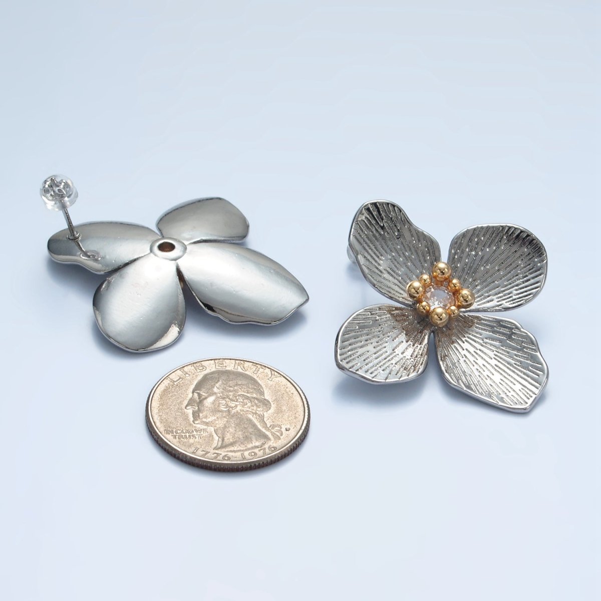 14K Gold Filled 40mm Clear CZ Line-Textured Flower Stud Earrings in Gold & Mixed Metal | P-507 P-504